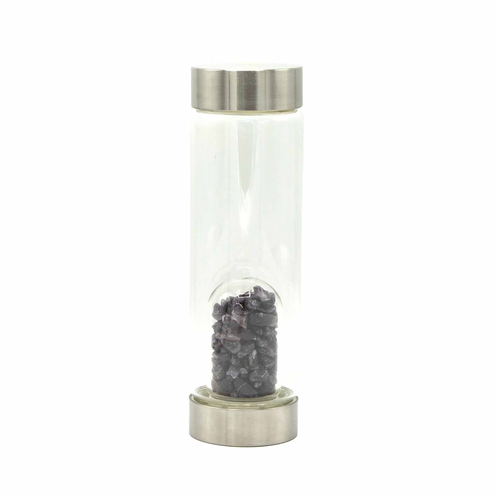 Sleek glass water bottle with a separate compartment at the base filled with purple amethyst crystal chips.