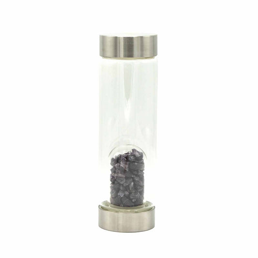 Sleek glass water bottle with a separate compartment at the base filled with purple amethyst crystal chips.