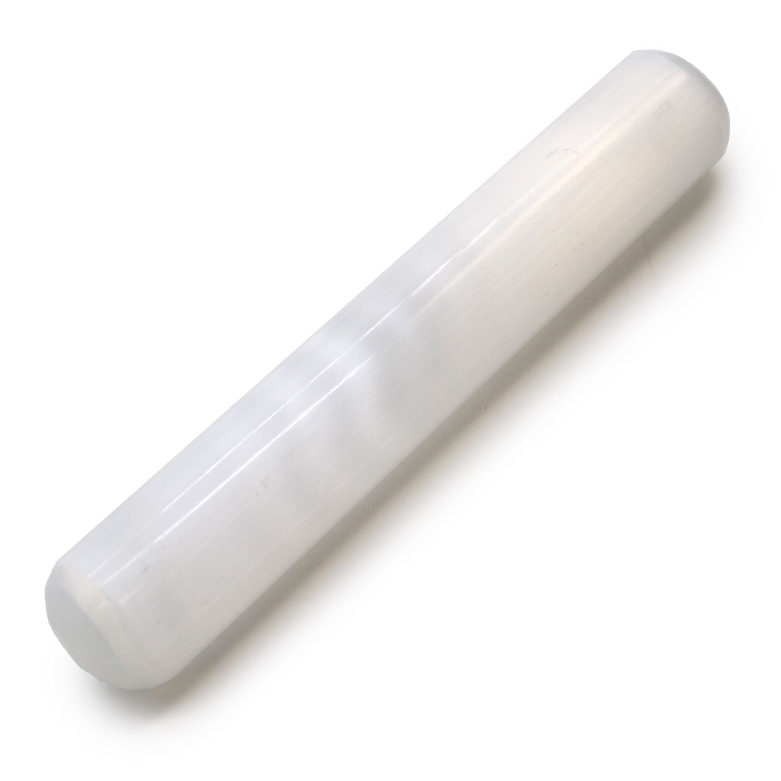 Smooth translucent white selenite wand with rounded ends, showing a natural milky lunar-like glow and crystalline texture.