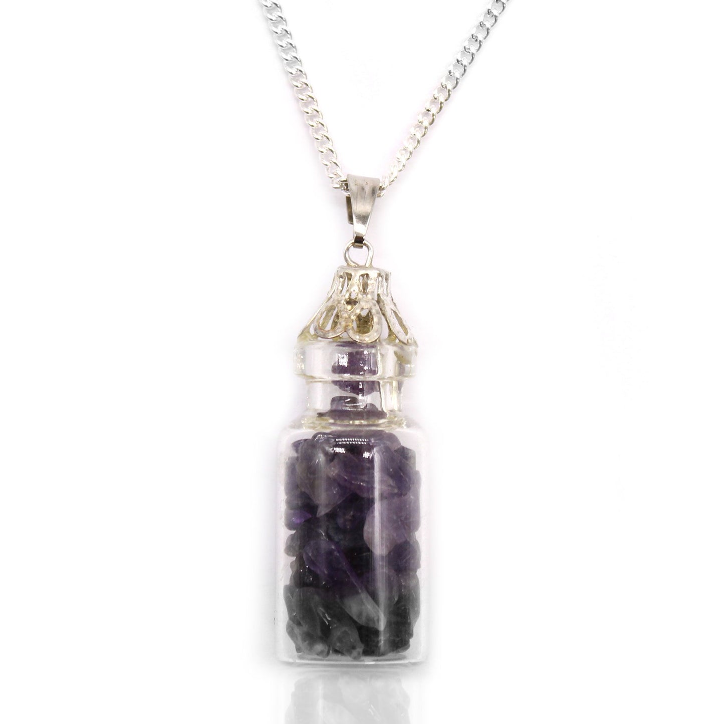 Delicate glass vial necklace filled with small purple amethyst gemstone chips and a decorated silver screw cap.
