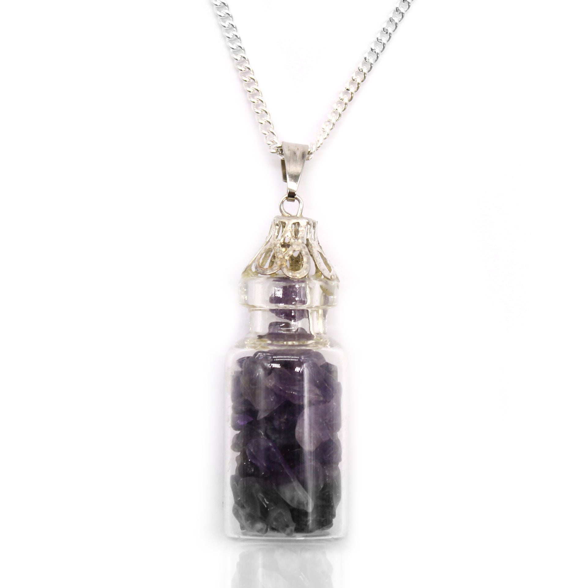 Delicate glass vial necklace filled with small purple amethyst gemstone chips and a decorated silver screw cap.