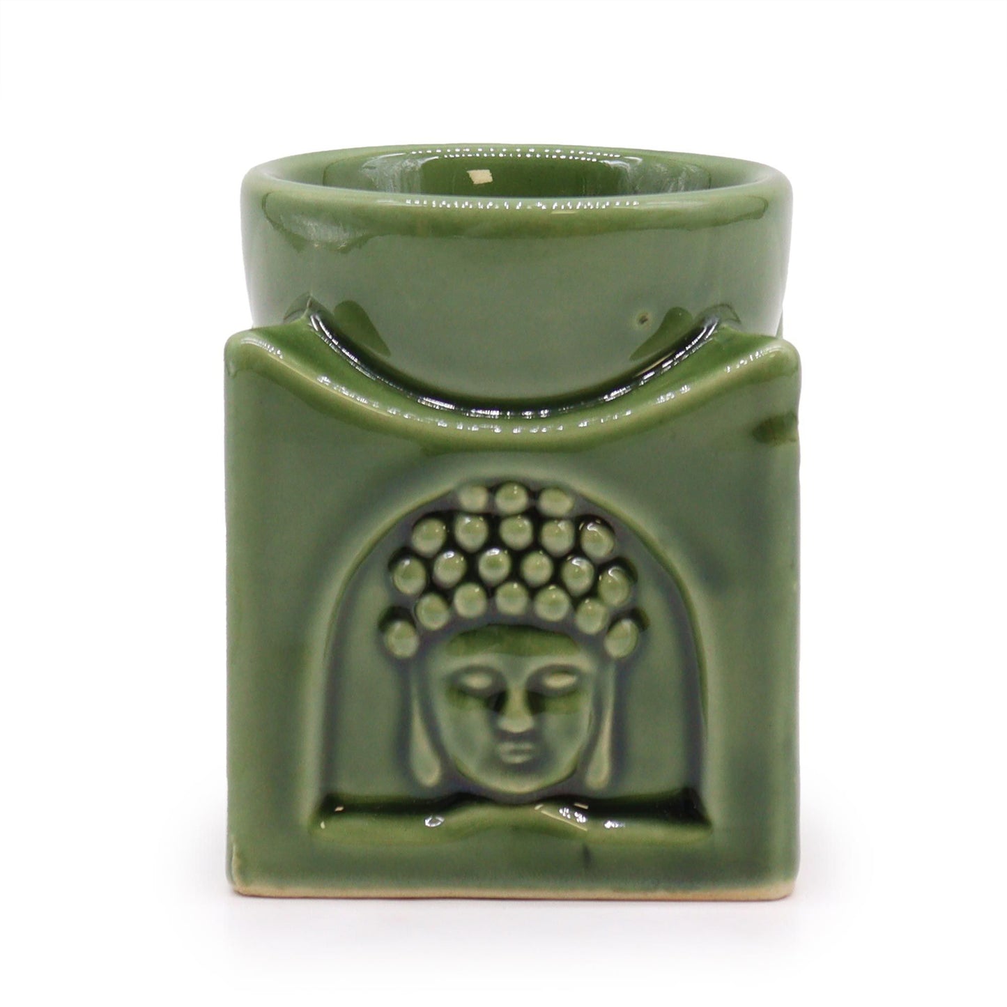 Square ceramic oil burner in a deep dark jade green finish featuring a serene carved Buddha face design.