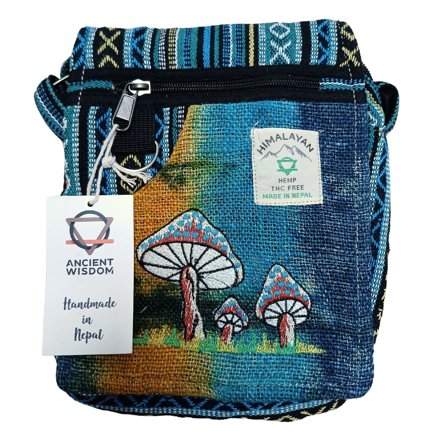 Eco-friendly natural hemp bag with detailed green mushroom embroidery and a convenient shoulder strap.