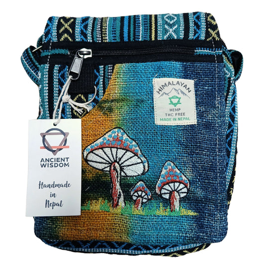 Eco-friendly natural hemp bag with detailed green mushroom embroidery and a convenient shoulder strap.