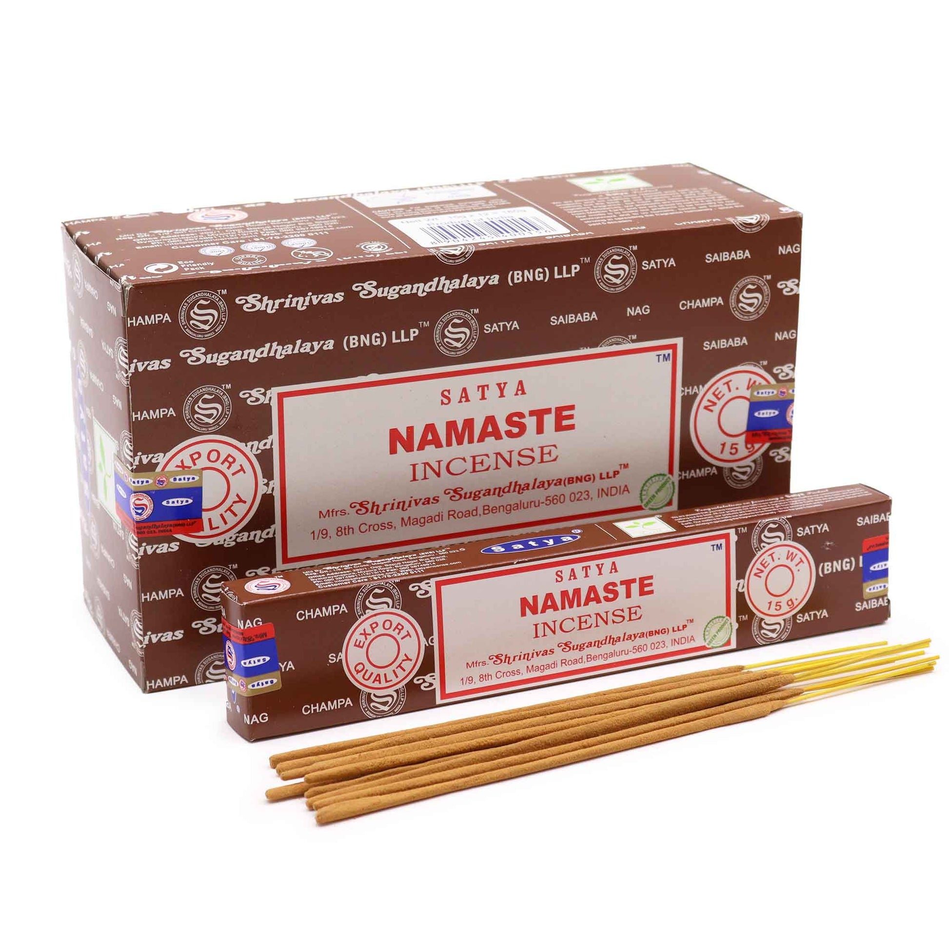 Hand-rolled incense sticks in a Namaste themed box with traditional patterns and a calming aesthetic.