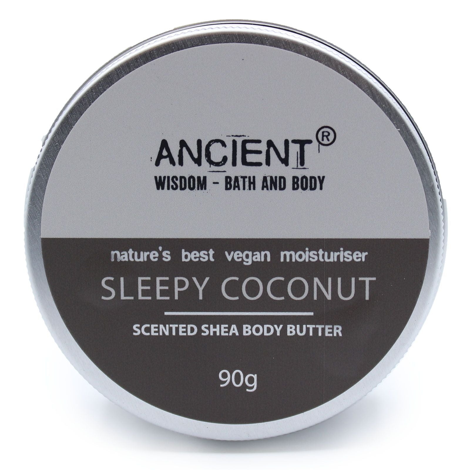 A 90g tin of creamy white shea body butter with a smooth texture, perfect for skin hydration.
