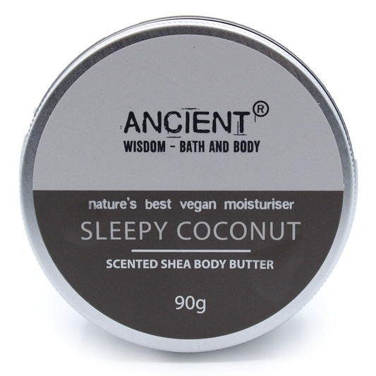 A 90g tin of creamy white shea body butter with a smooth texture, perfect for skin hydration.