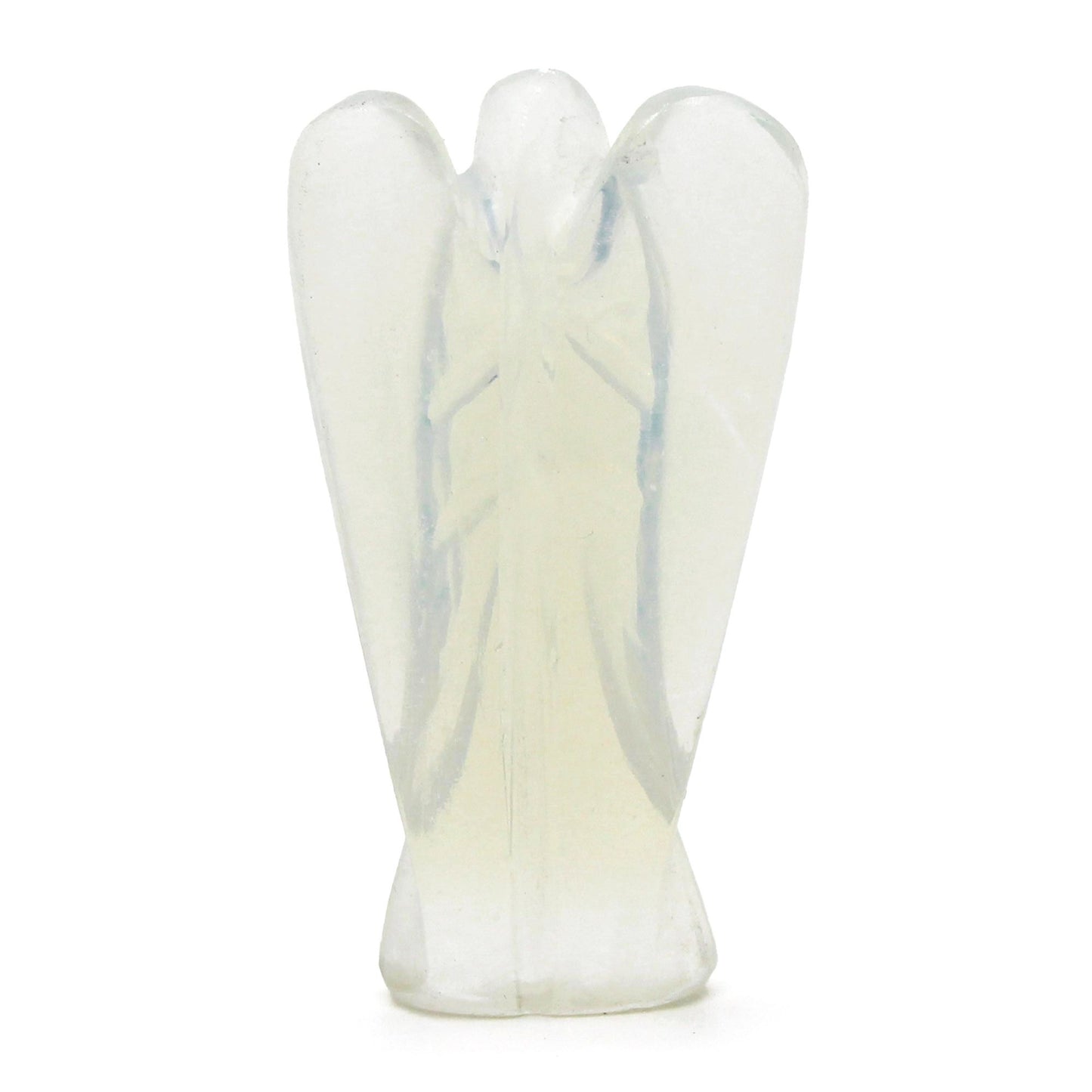 A small, translucent hand-carved Opalite angel figurine with a milky blue iridescence and detailed wings.