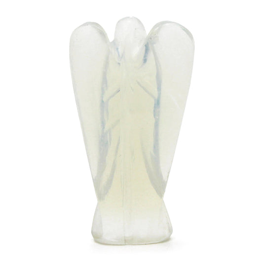A small, translucent hand-carved Opalite angel figurine with a milky blue iridescence and detailed wings.