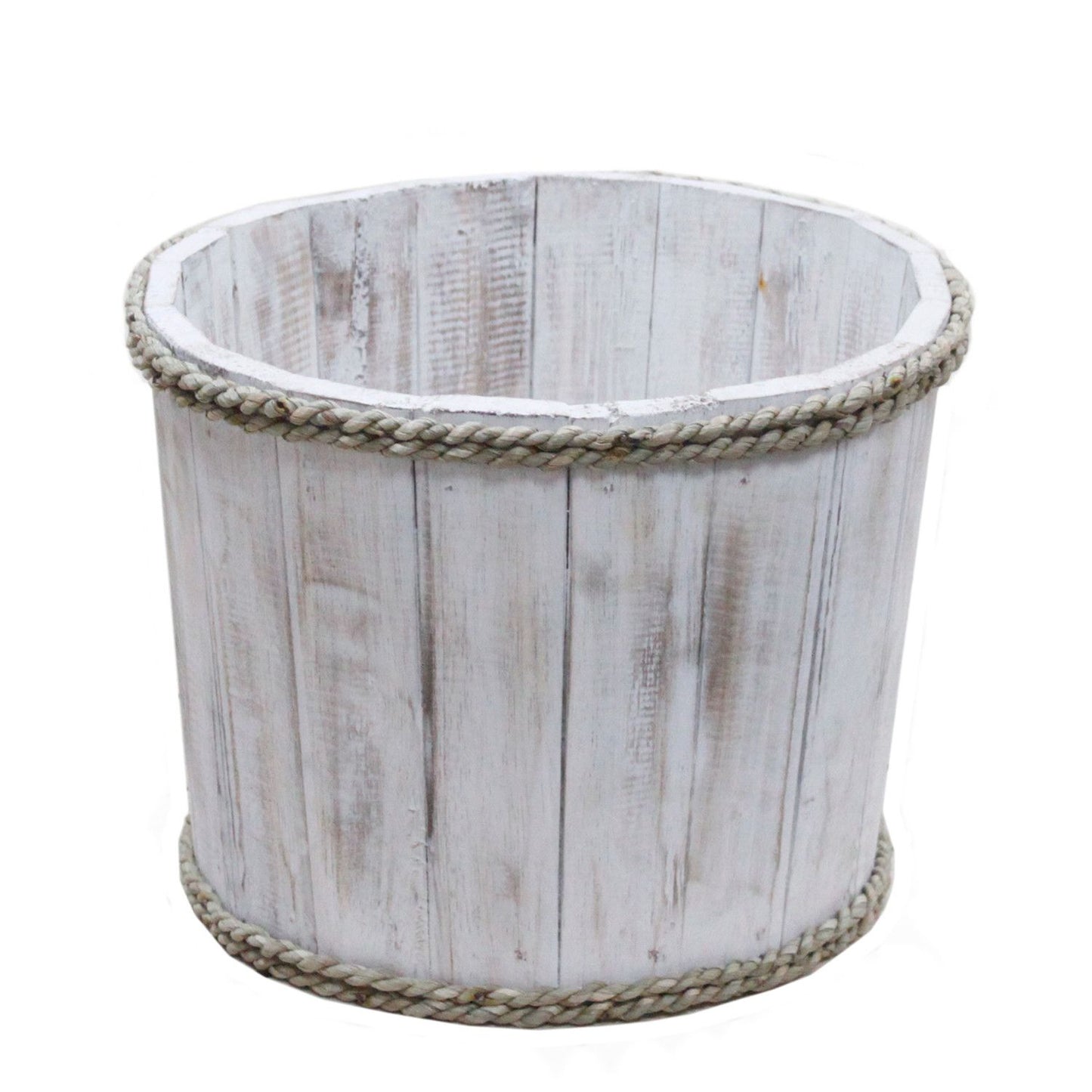 Small round wooden display tub with a rustic whitewash finish and nautical rope handles.