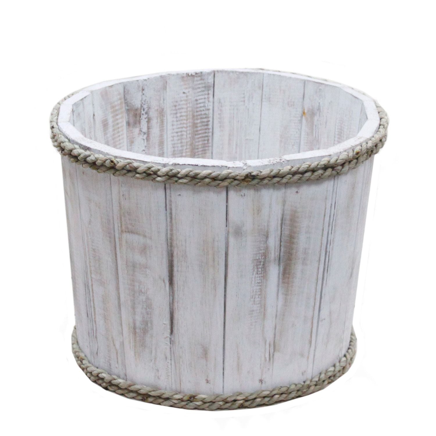 Small round wooden display tub with a rustic whitewash finish and nautical rope handles.