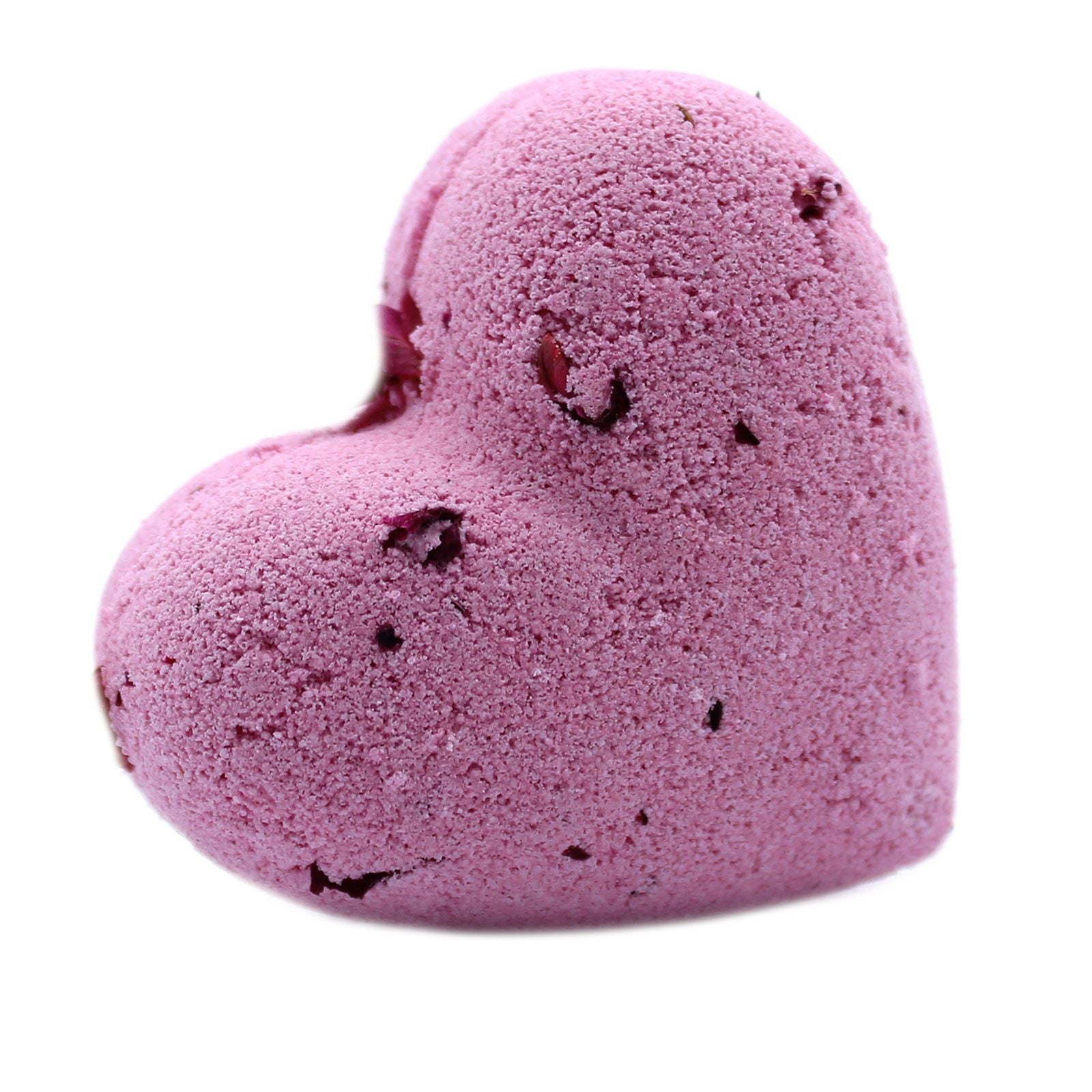 Heart-shaped pink bath bomb with delicate floral details on a plain background.