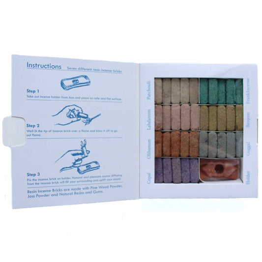 Large wooden display box containing 70 assorted natural incense smudge bricks alongside a dedicated terracotta burner.