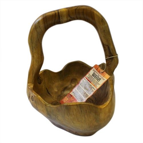 Hand-carved natural teak root bowl with a back handle, showcasing unique wood grain and abstract rustic edges.