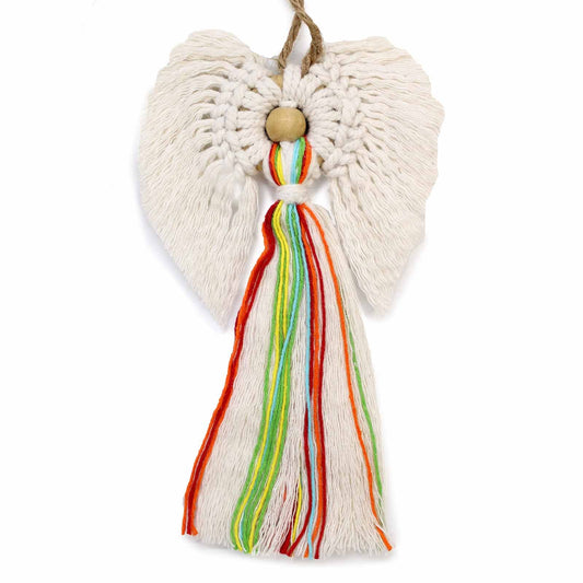 Hand-woven white cotton macrame angel ornament with a minimalist wooden bead head and delicate wings in a gift box.