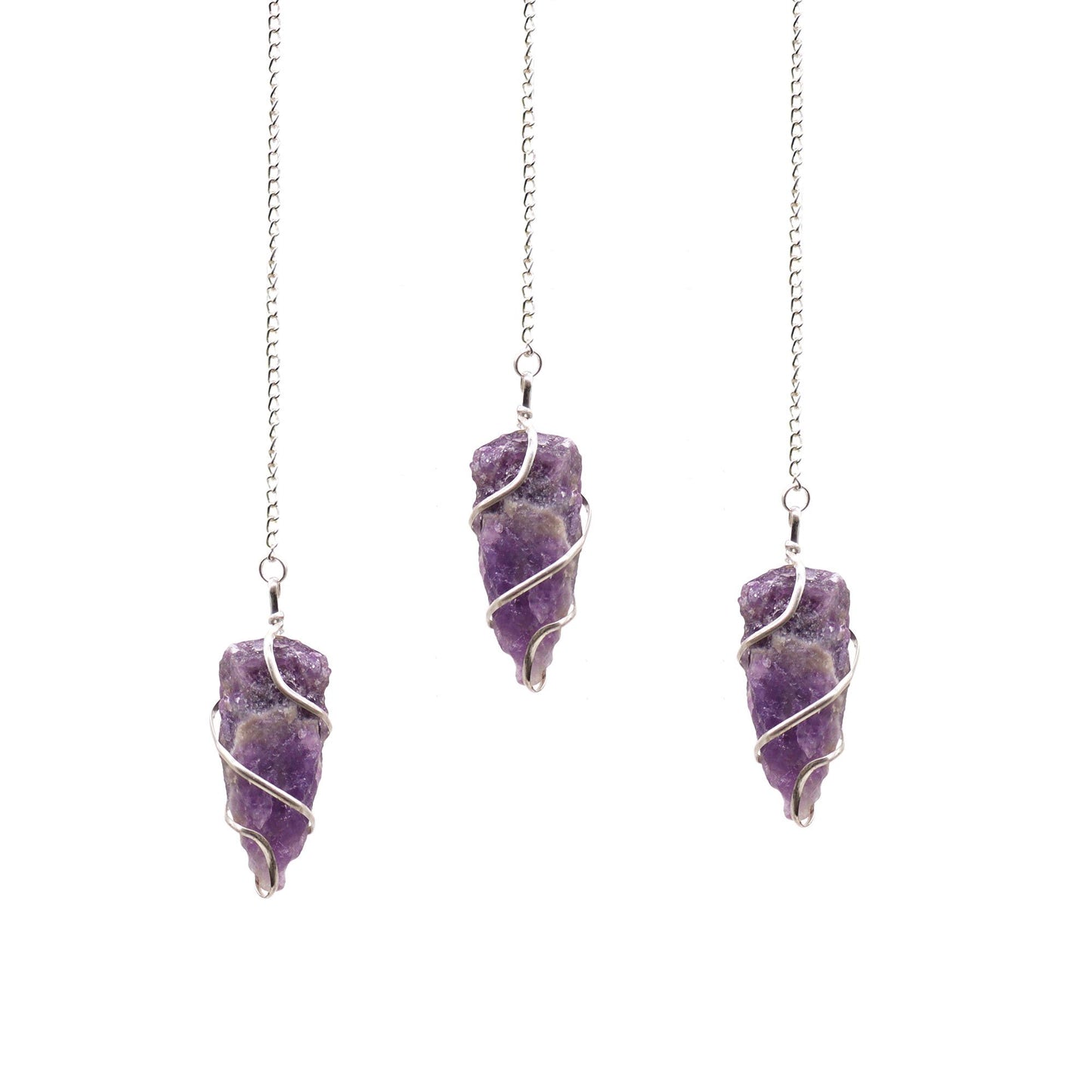 A natural raw Amethyst crystal point pendulum suspended from a delicate silver-tone chain for divination and dowsing.