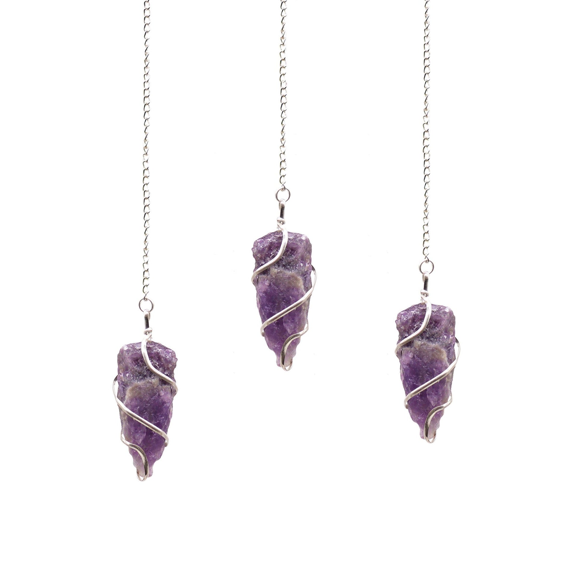 A natural raw Amethyst crystal point pendulum suspended from a delicate silver-tone chain for divination and dowsing.