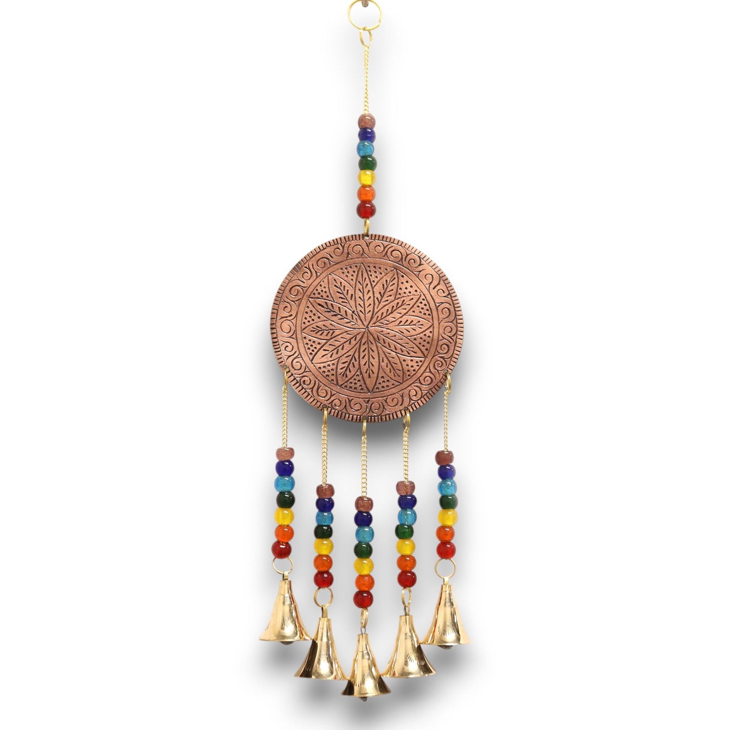 Detailed brass medallion chime with a Tree of Life design, colourful chakra beads, and five hanging golden bells.