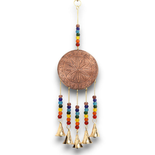 Detailed brass medallion chime with a Tree of Life design, colourful chakra beads, and five hanging golden bells.
