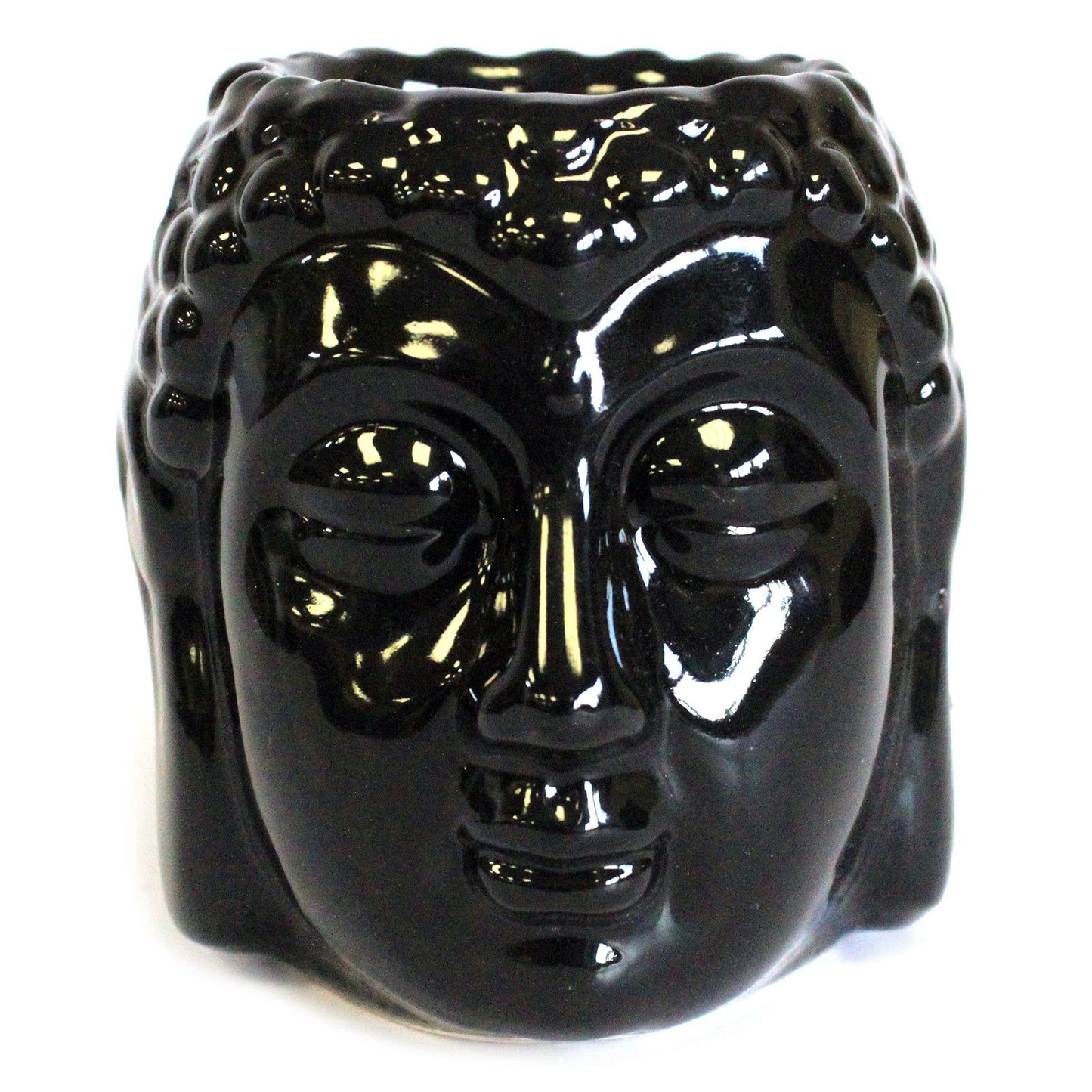 Elegant black ceramic Buddha head oil burner with a decorative glazed finish and tealight holder base.