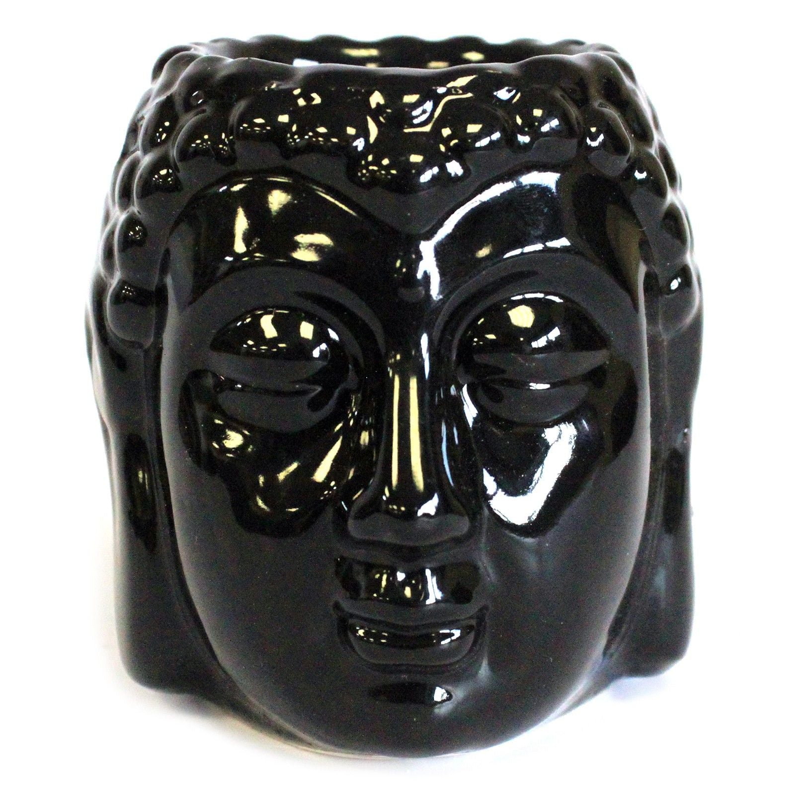 Elegant black ceramic Buddha head oil burner with a decorative glazed finish and tealight holder base.