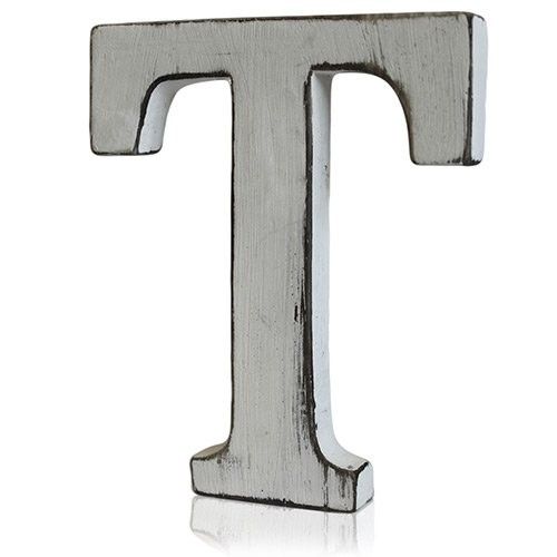 Hand-carved white-wash mango wood alphabet letter T with a rustic shabby chic finish.