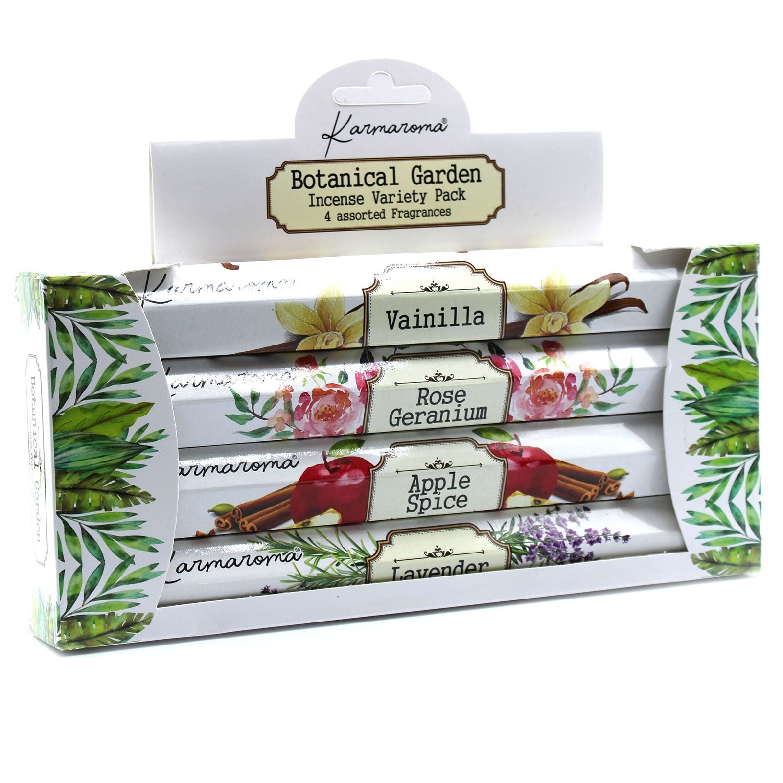 Beautifully designed incense gift box featuring botanical illustrations and four different fragrant incense packs.
