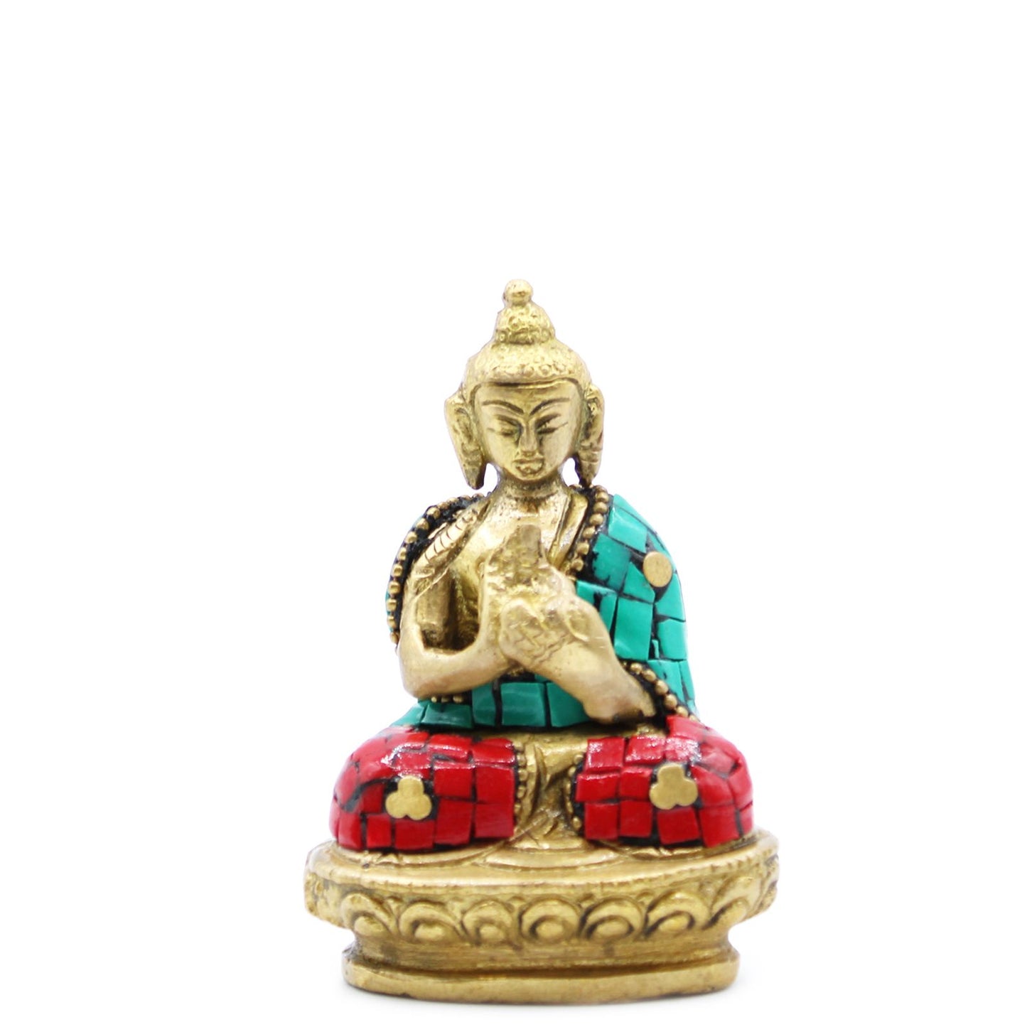 Small polished brass Buddha figurine in a seated blessing mudra pose on a decorative base.