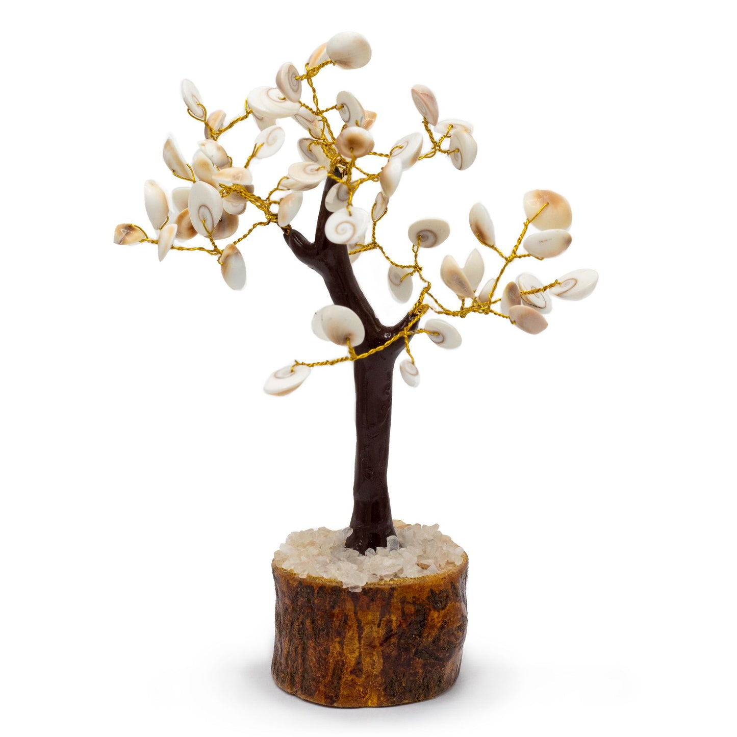 Large Gomati Chakra stone tree with 60 white circular stones on a wire frame and a natural wooden base.