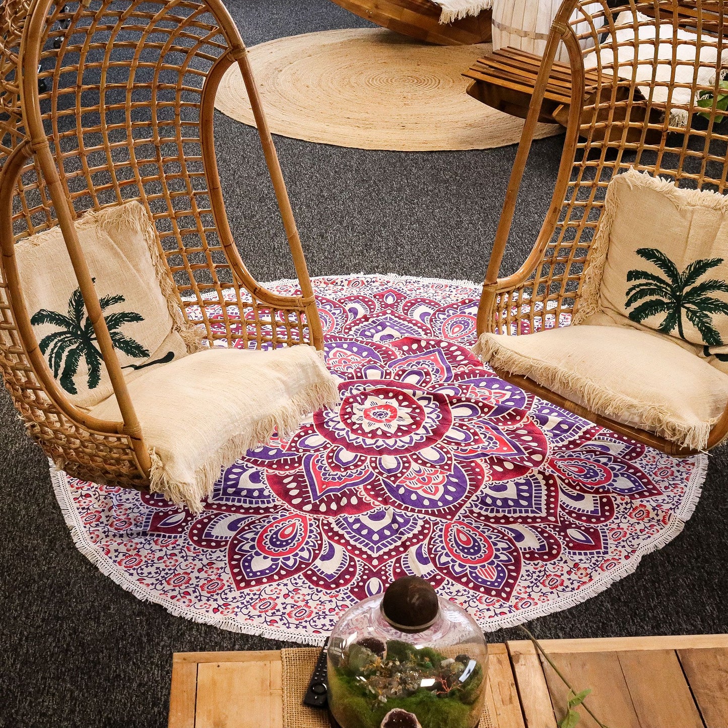 Large circular cotton wall hanging featuring an intricate mandala design in vibrant pink and purple tones.