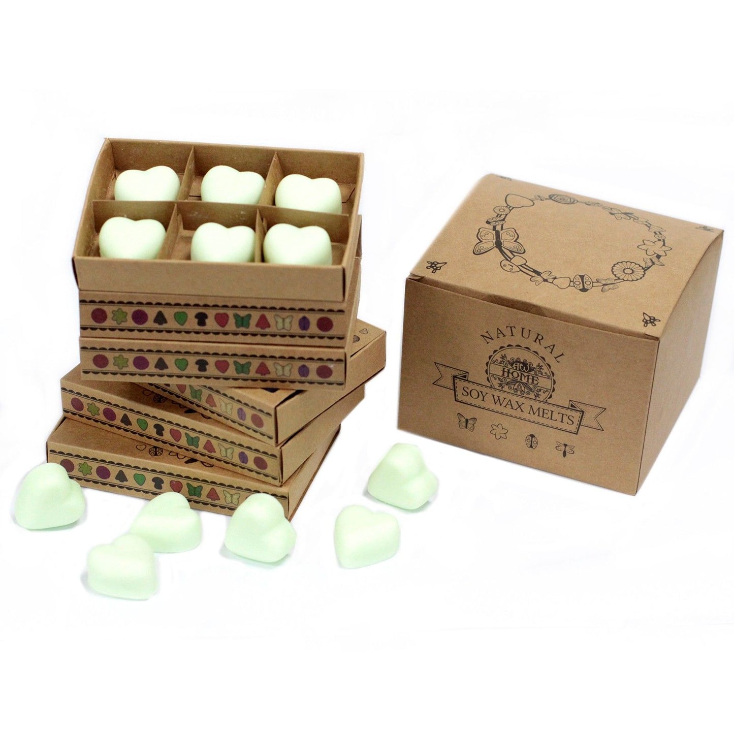 Six rectangular white soy wax melts neatly arranged in a minimalist matchbox style cardboard package.