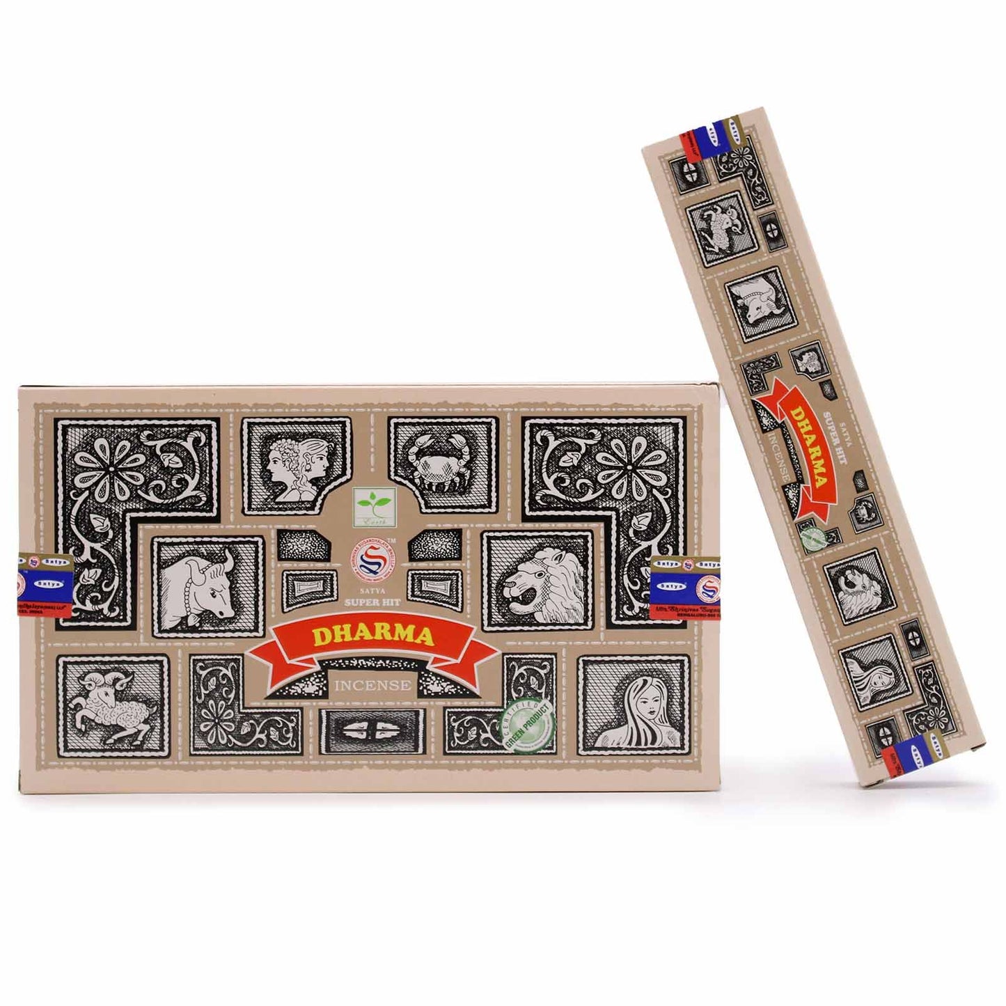 Close up of Super Hit Dharma Nag Champa incense sticks in traditional blue and red packaging.