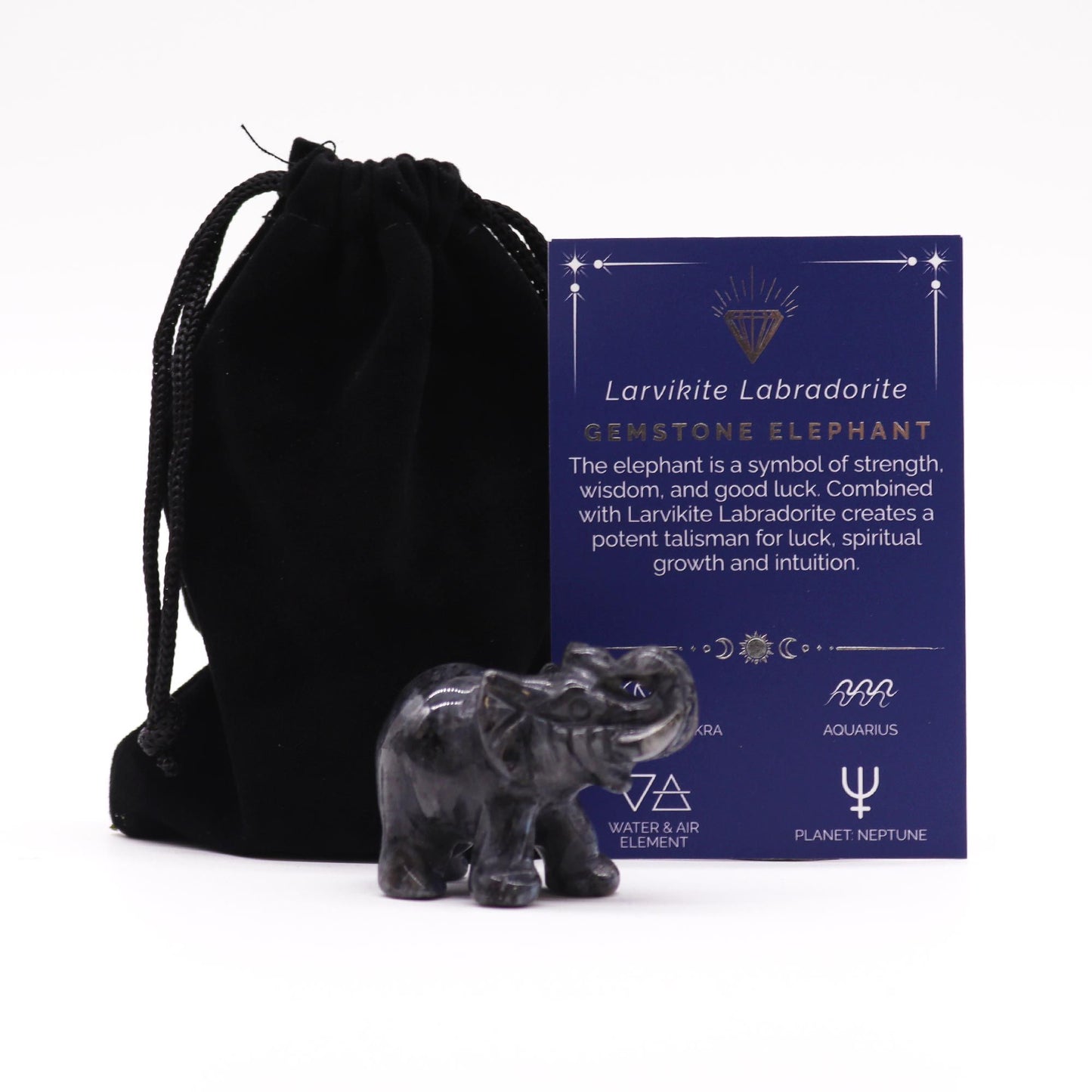 Hand-carved gemstone elephant figure made from grey Larvikite with subtle iridescent flashes.