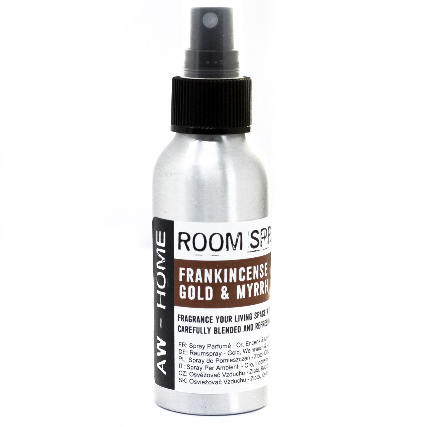 100ml silver aluminium bottle of room spray with a gold frankincense and myrrh scent label.
