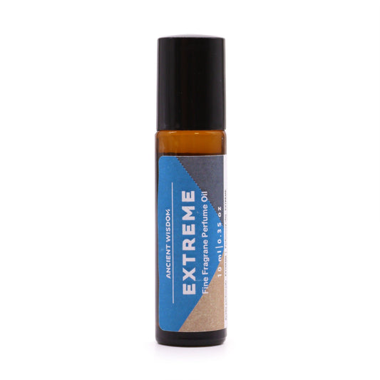Sleek 10ml amber glass roll-on bottle for fine fragrance perfume oil with a black cap.
