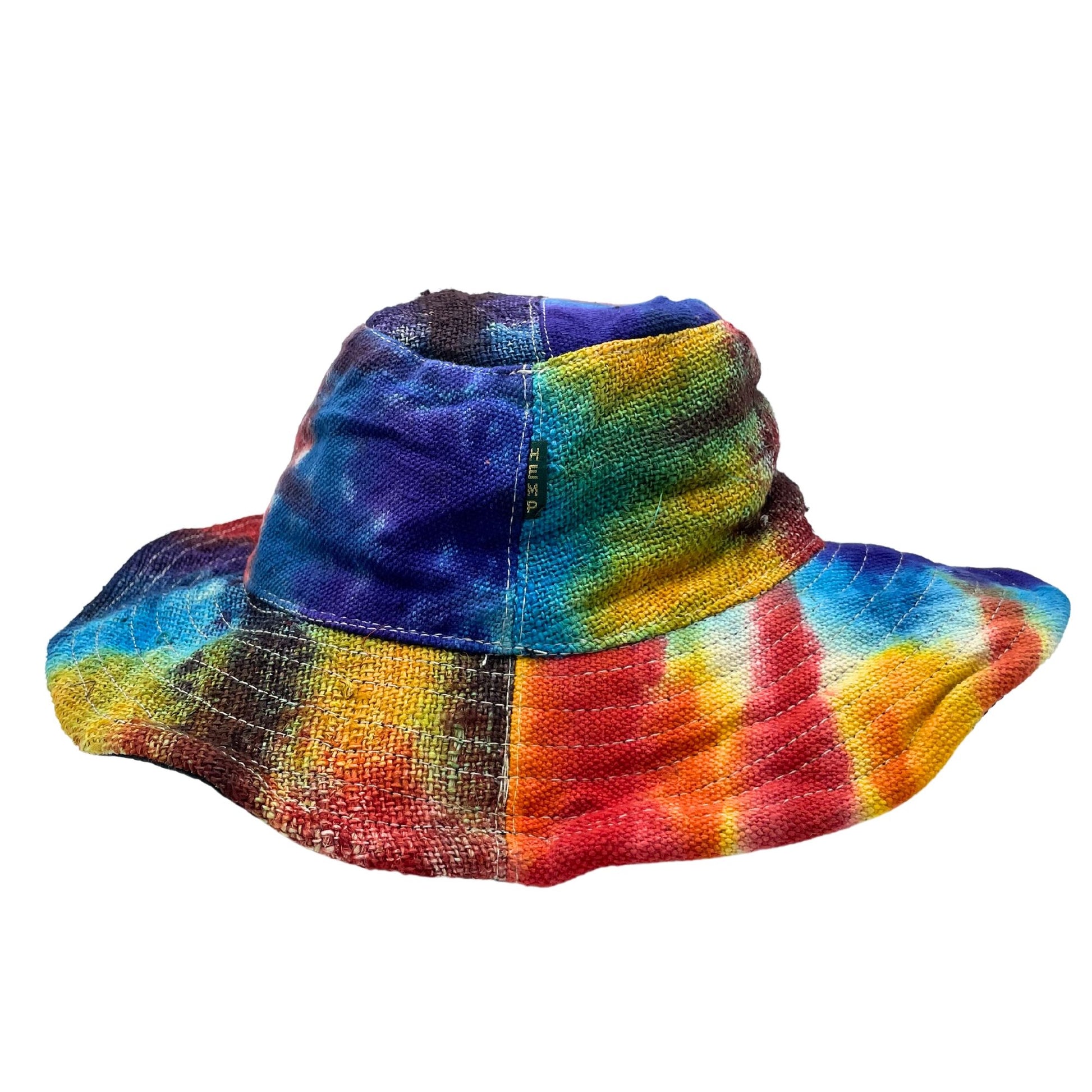 Vibrant tie-dye festival hat made from patched hemp and cotton with a wired brim for adjustable styling.