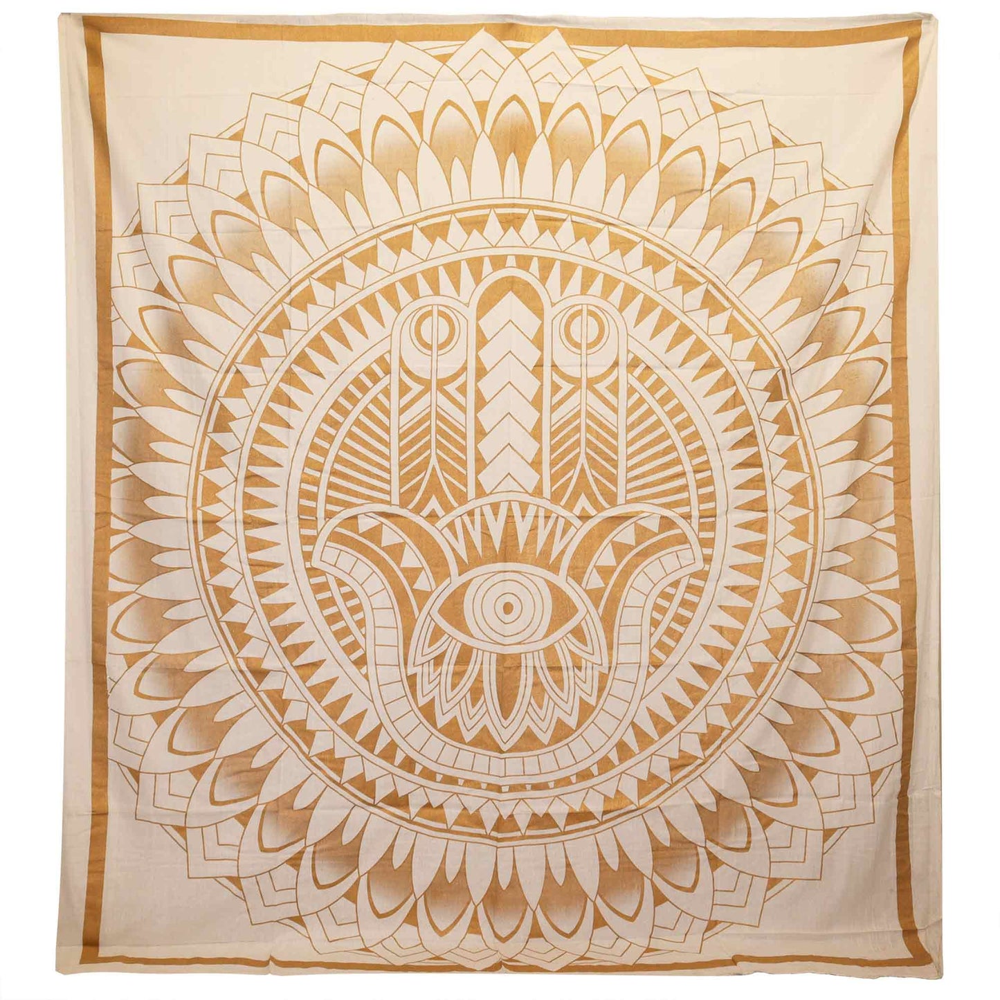 Large cotton bedspread featuring a detailed gold Hamsa hand design on a white background, hung as a wall tapestry.