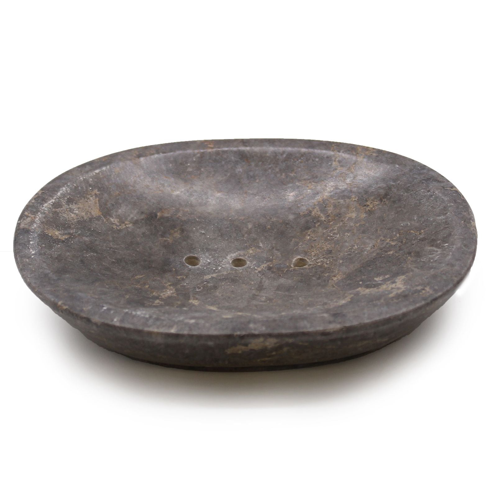 Elegant oval-shaped soap dish crafted from natural grey marble with unique stone veining and patterns.