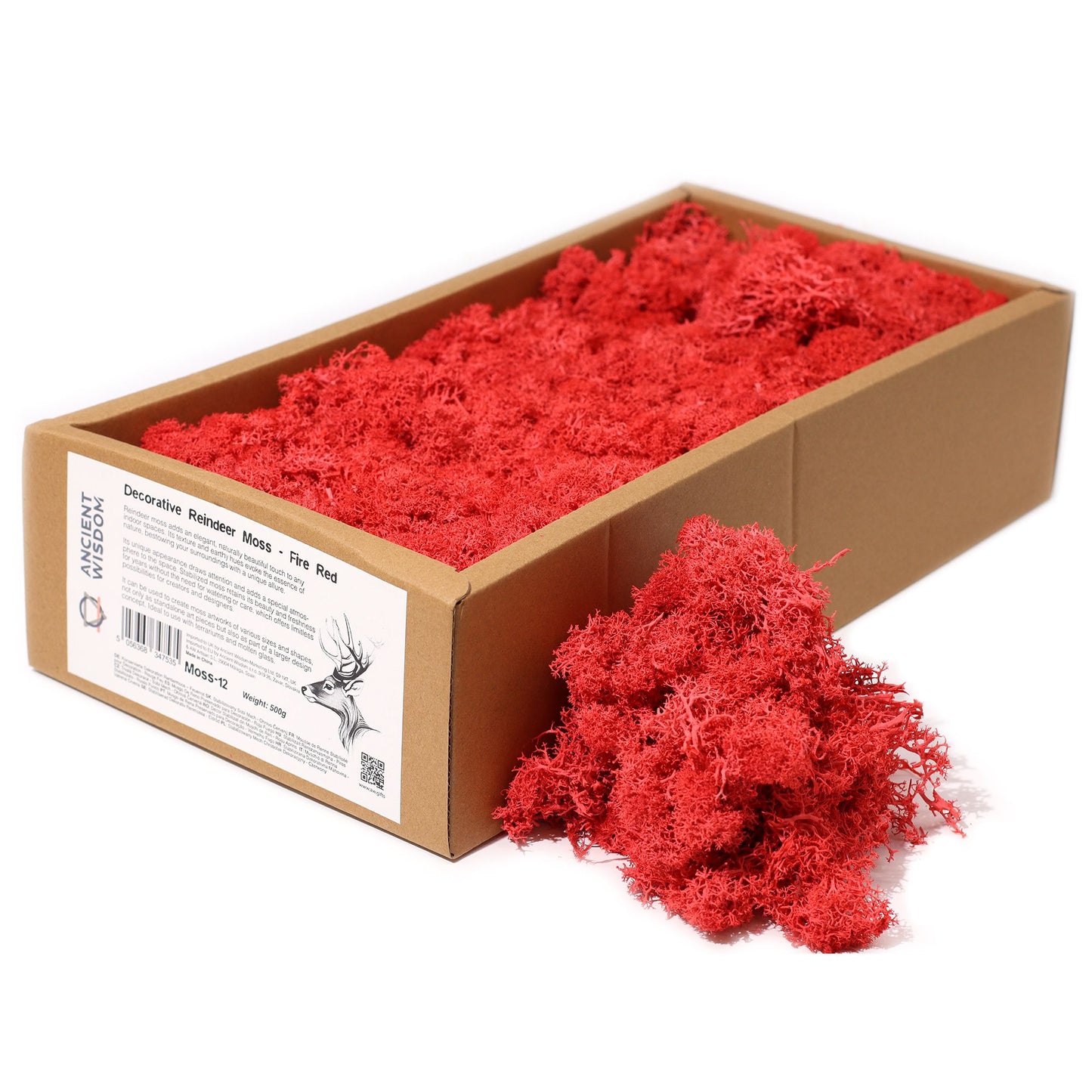 Vibrant fire red preserved reindeer moss with a soft natural texture, ideal for decorative arrangements and craft projects.