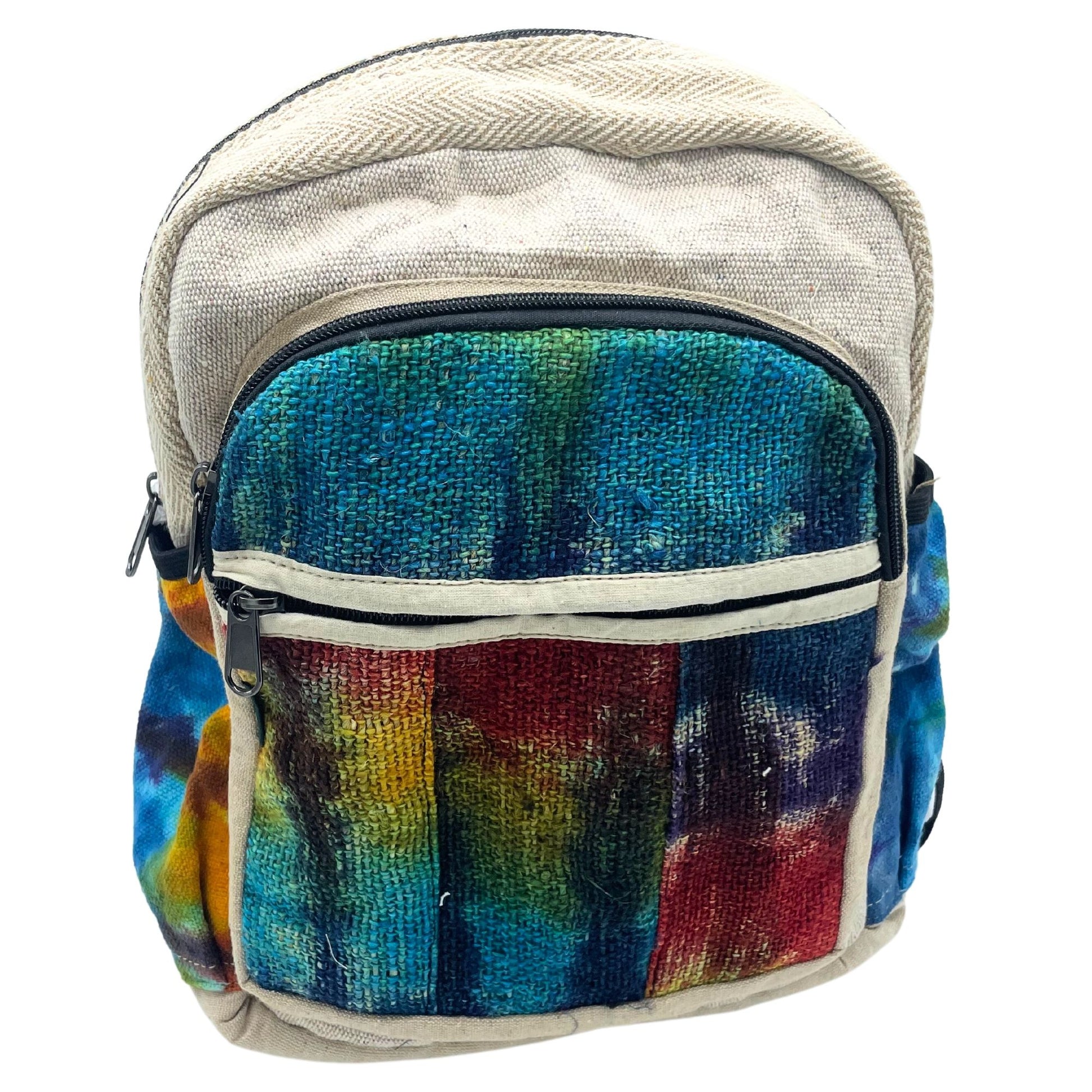 Medium-sized hemp backpack with a vibrant colourful tiedye pattern and adjustable straps.