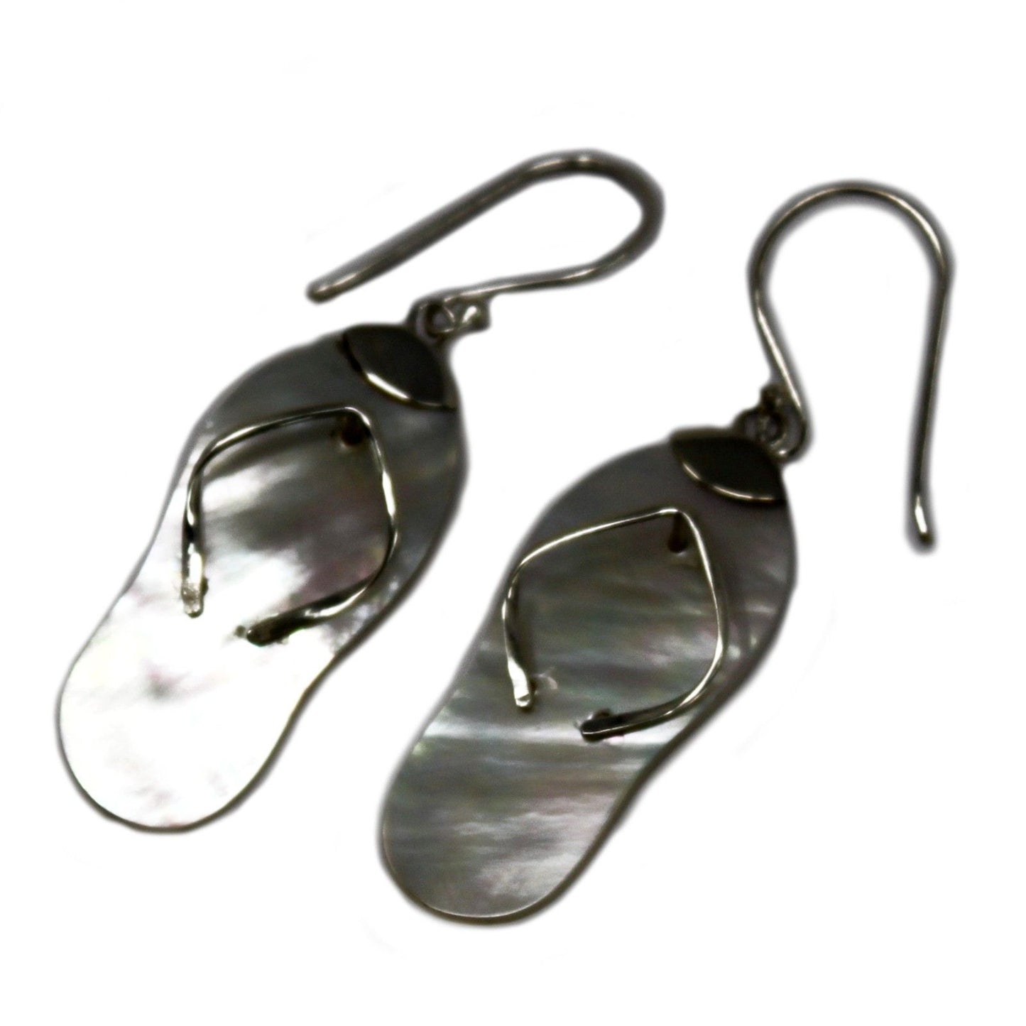 Handmade 925 silver earrings featuring a playful flip-flop design inlaid with shimmering white mother of pearl shell.