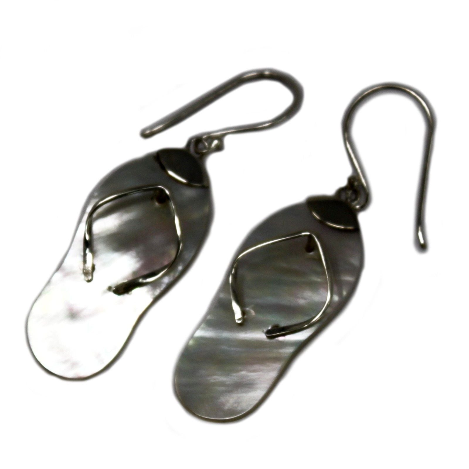Handmade 925 silver earrings featuring a playful flip-flop design inlaid with shimmering white mother of pearl shell.