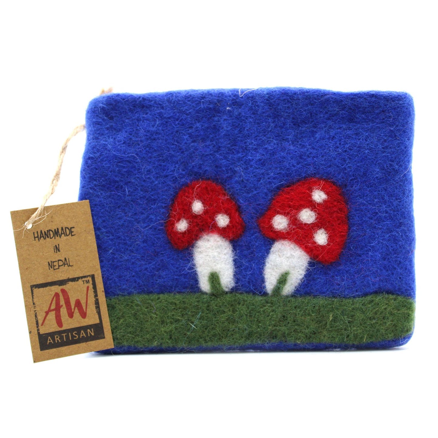 Handcrafted natural felt zipper pouch featuring colourful embroidered mystic mushroom designs.