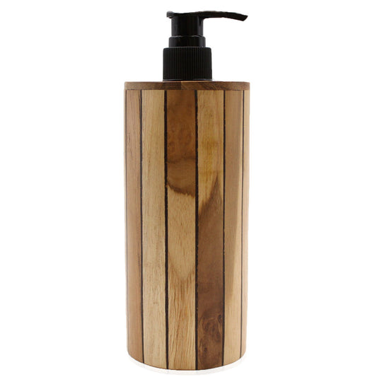 Round handcrafted natural teakwood soap dispenser with a sturdy pump and smooth wood grain finish.