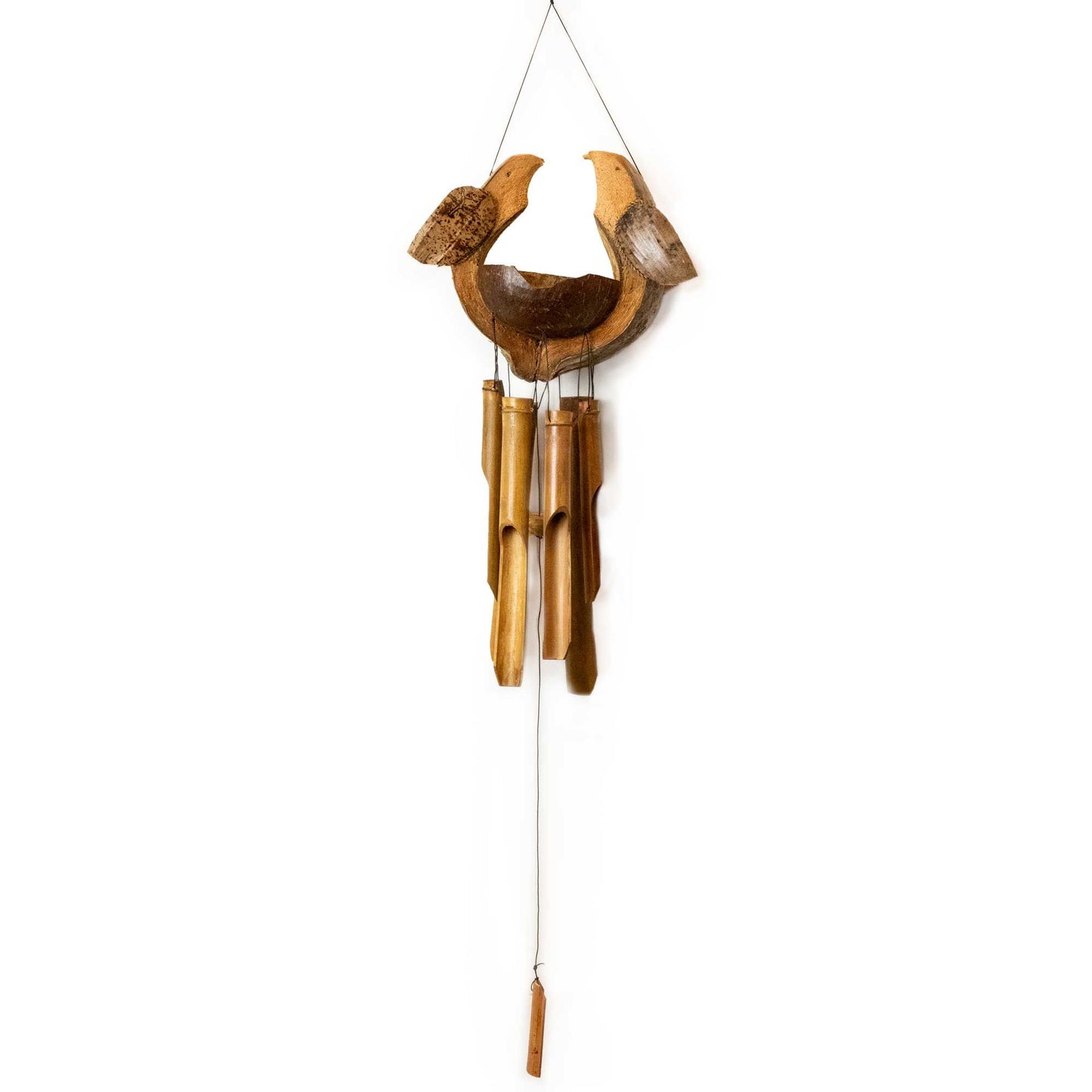 Hand-carved natural bamboo windchime featuring a charming husband and wife bird design made from coconut shell.