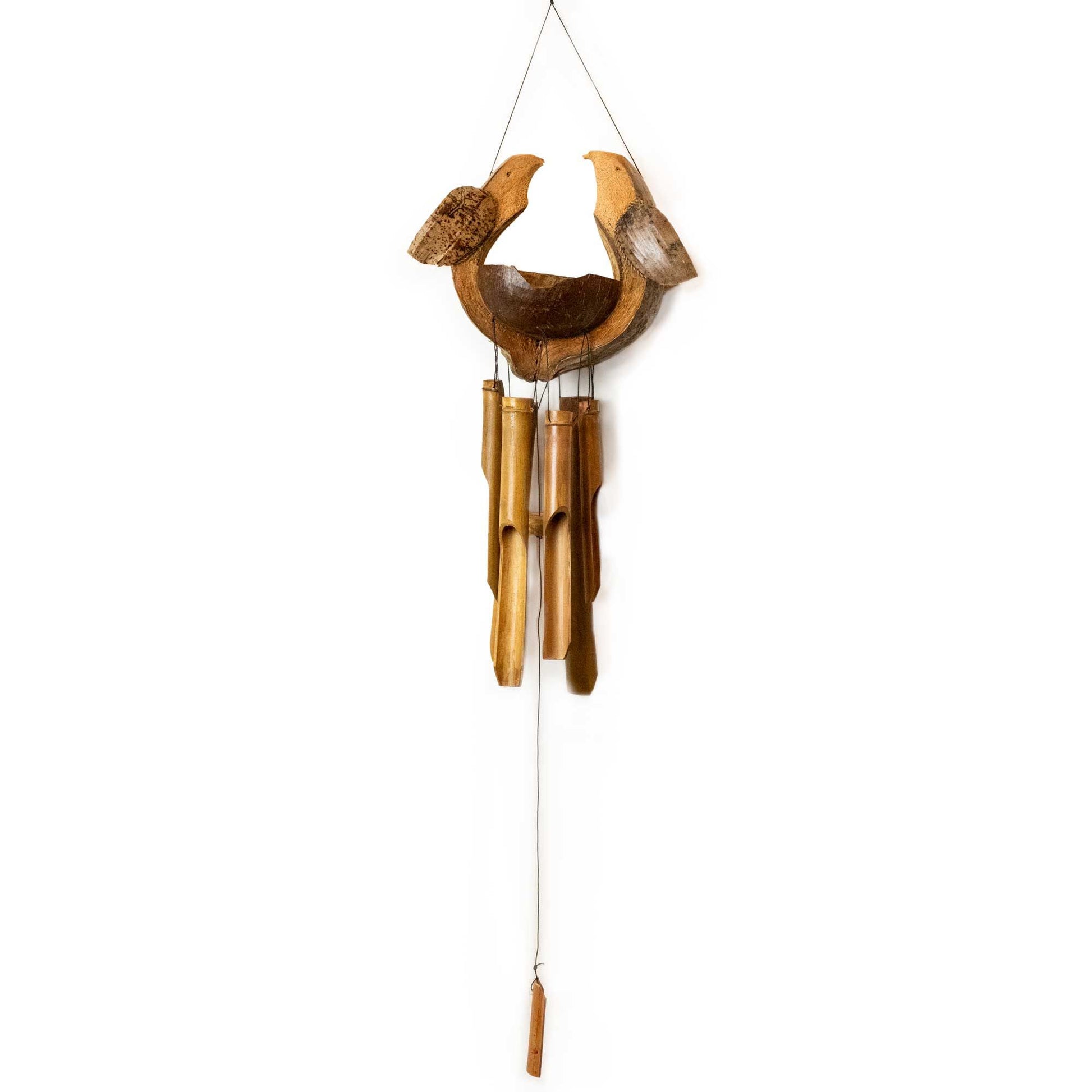 Hand-carved natural bamboo windchime featuring a charming husband and wife bird design made from coconut shell.