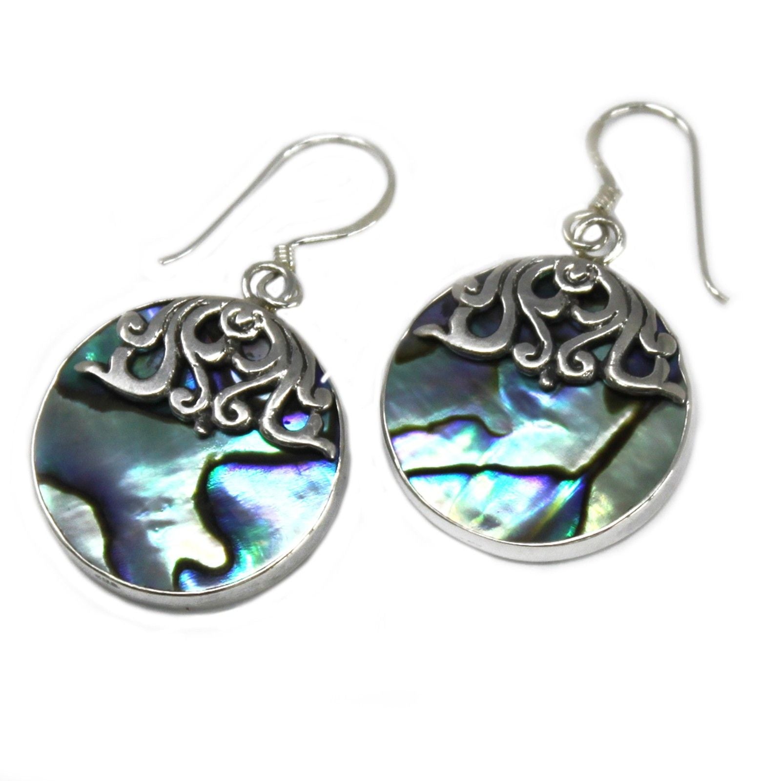 Handcrafted circular abalone shell earrings set in 925 sterling silver with iridescent blue and green hues.