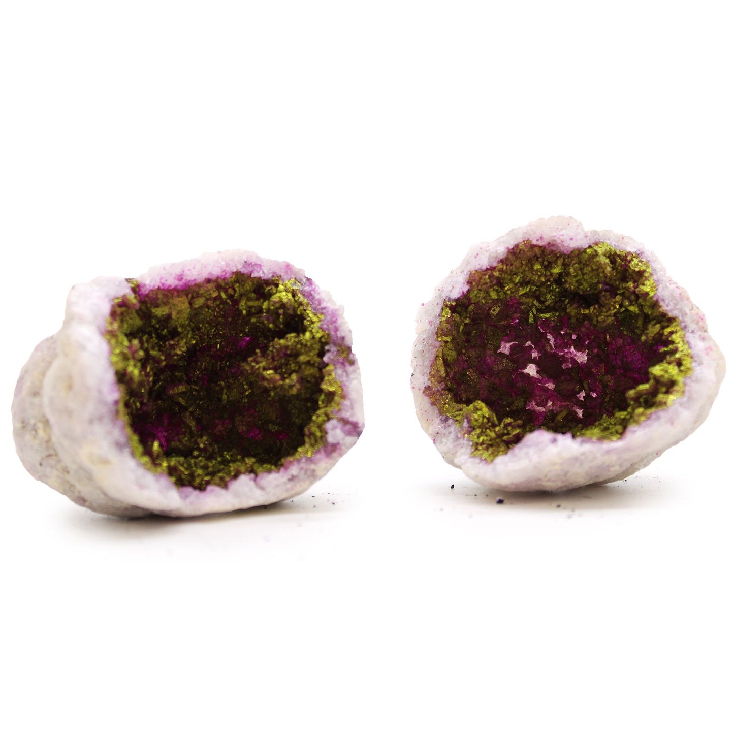 A natural pink and gold coloured calcite geode rock showing shimmering internal crystals.