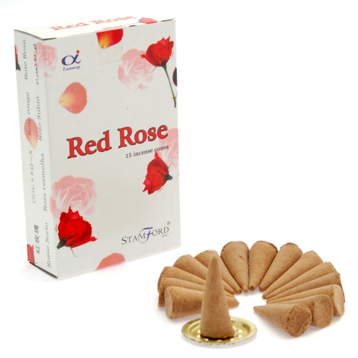 Small dark red conical incense pieces arranged on a neutral surface, emitting a delicate floral fragrance.