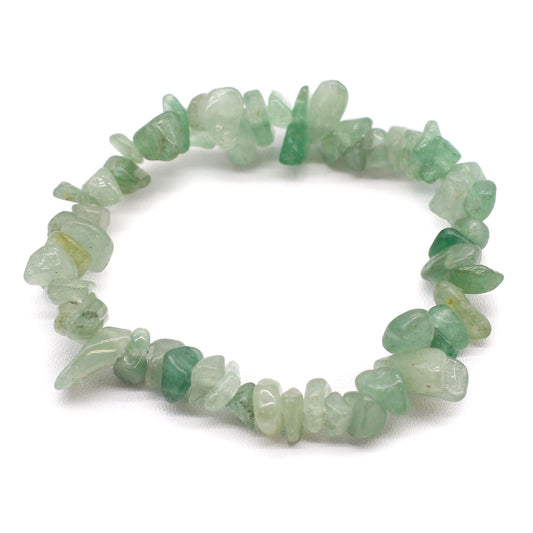 Stretch bracelet made of polished green aventurine gemstone chips.